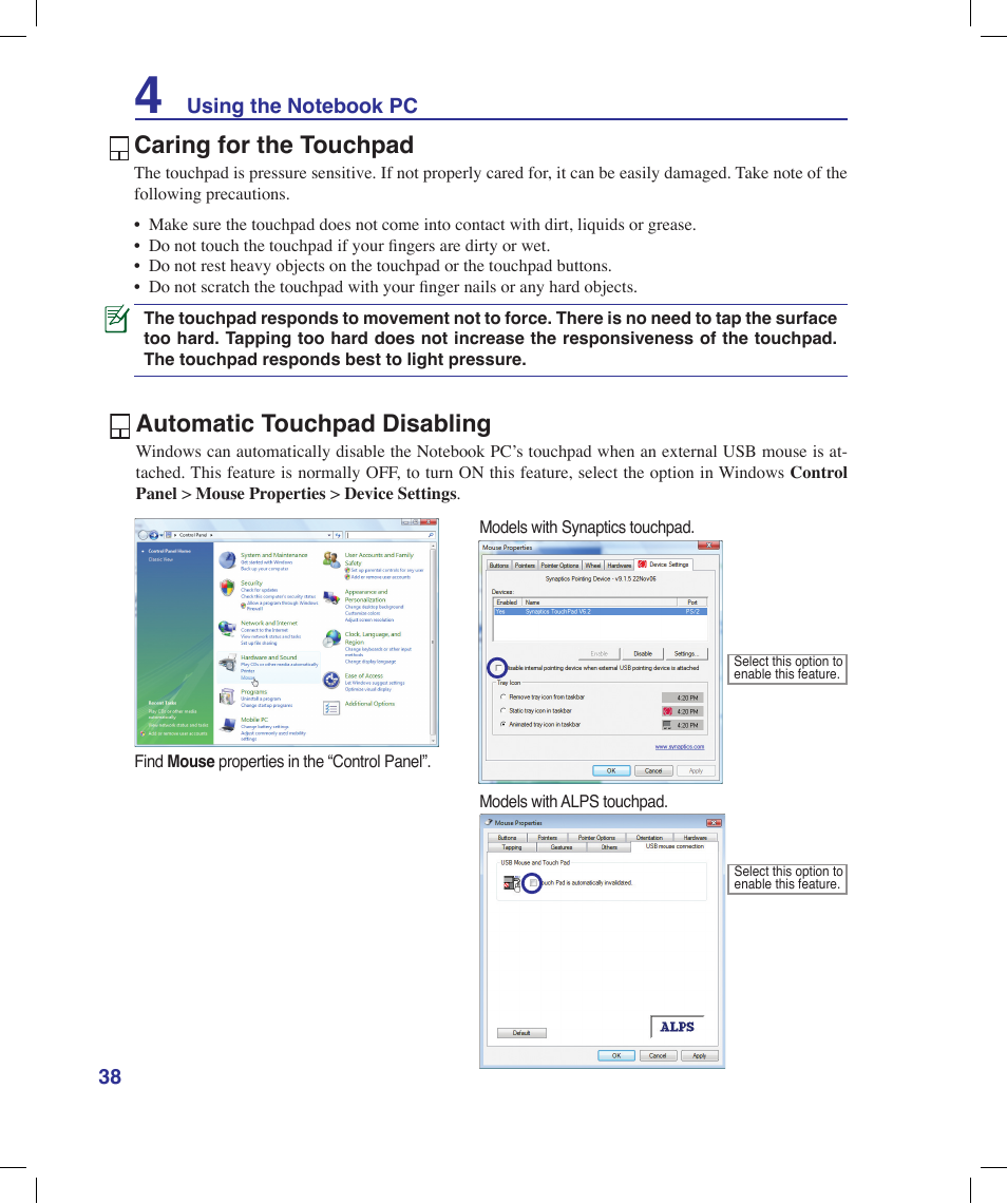 Caring for the touchpad, Automatic touchpad disabling | Asus X58LE User Manual | Page 38 / 83