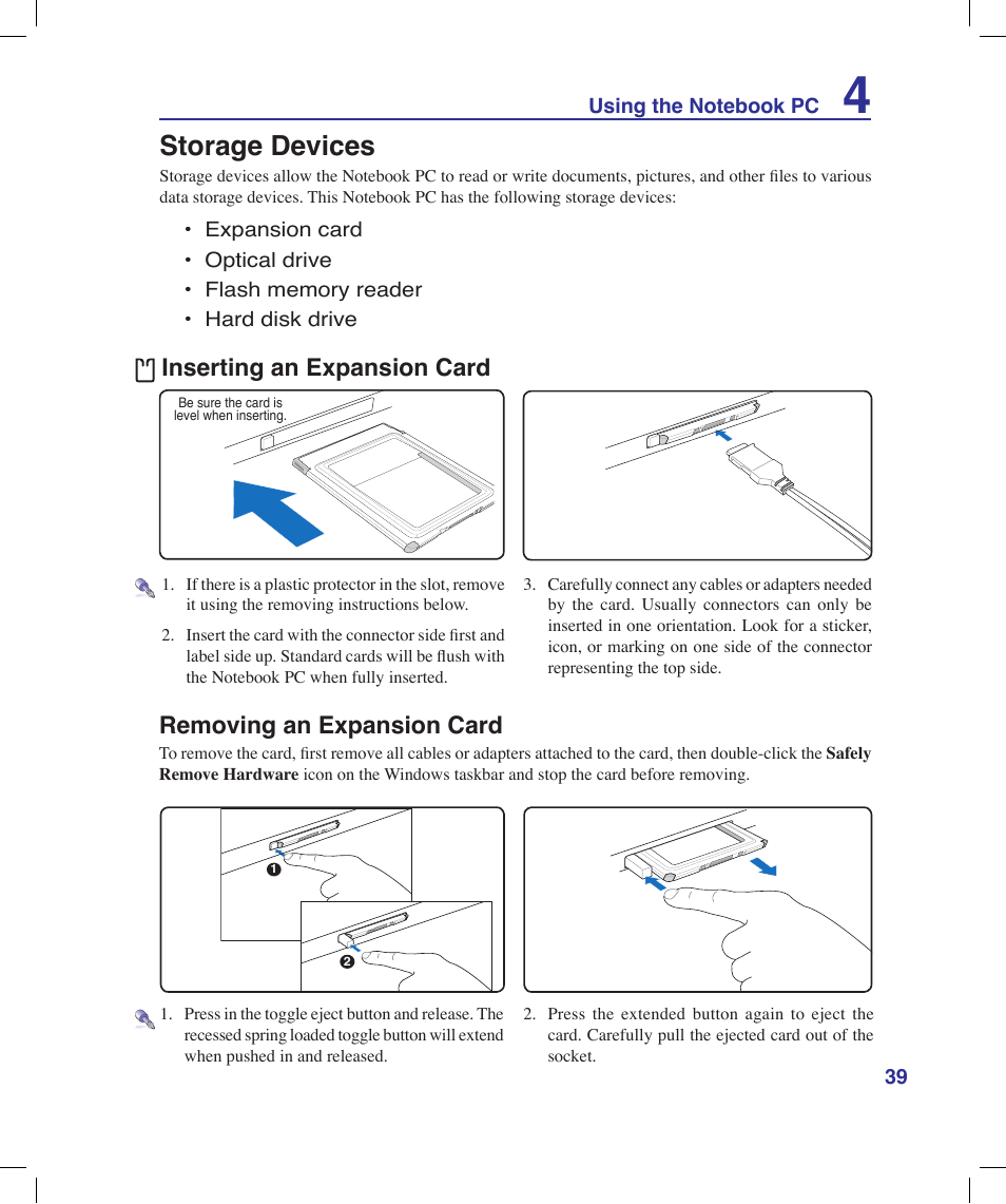 Storage devices, Inserting an expansion card, Removing an expansion card | Asus X58LE User Manual | Page 39 / 83