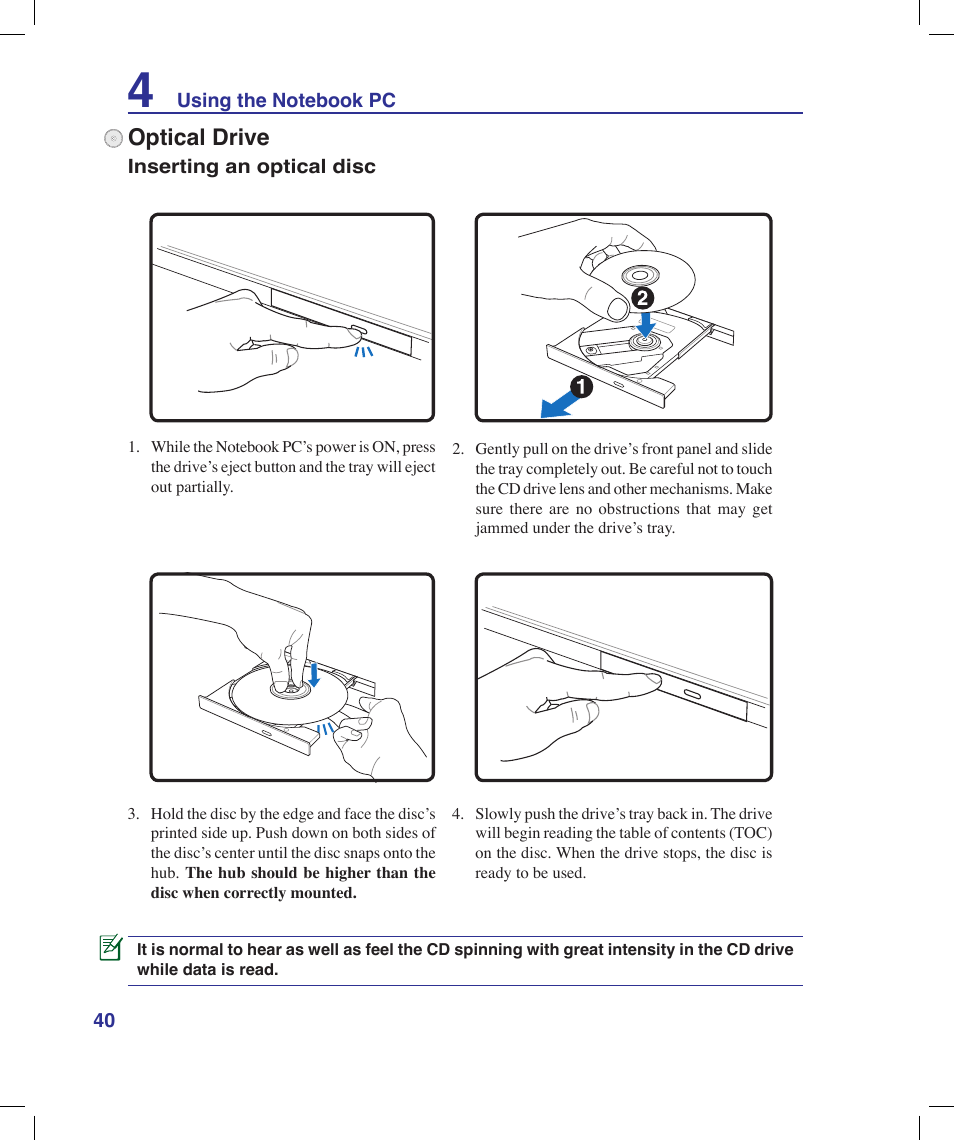 Optical drive | Asus X58LE User Manual | Page 40 / 83