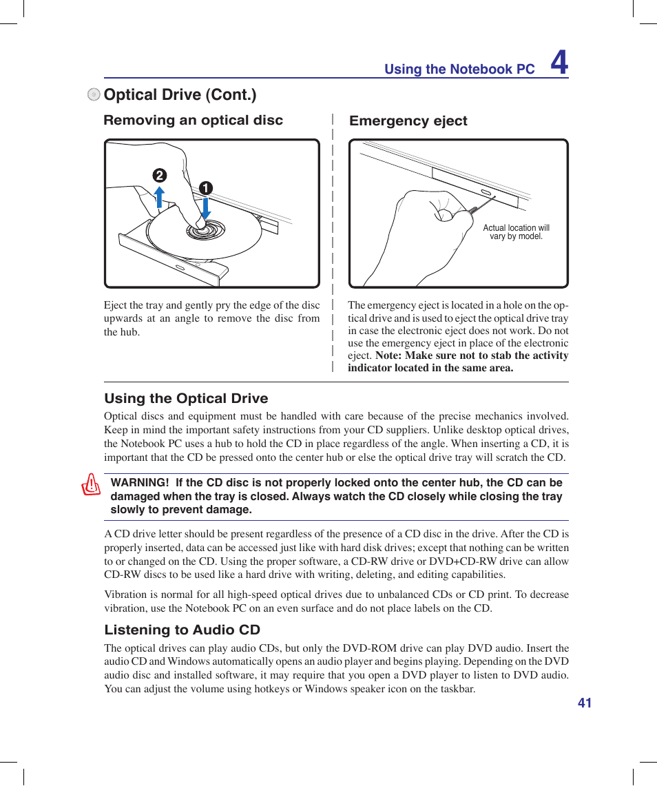 Optical drive (cont.) | Asus X58LE User Manual | Page 41 / 83