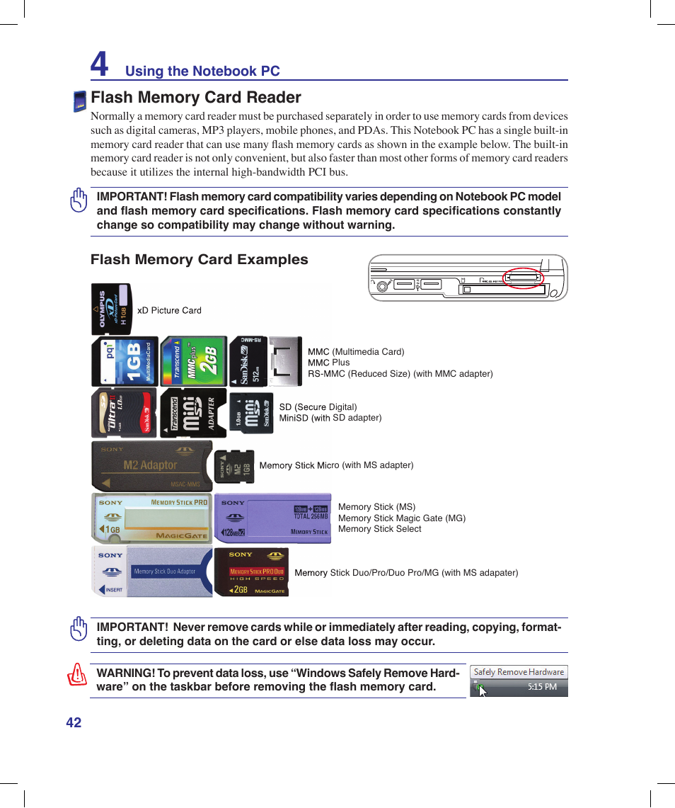 Flash memory card reader | Asus X58LE User Manual | Page 42 / 83