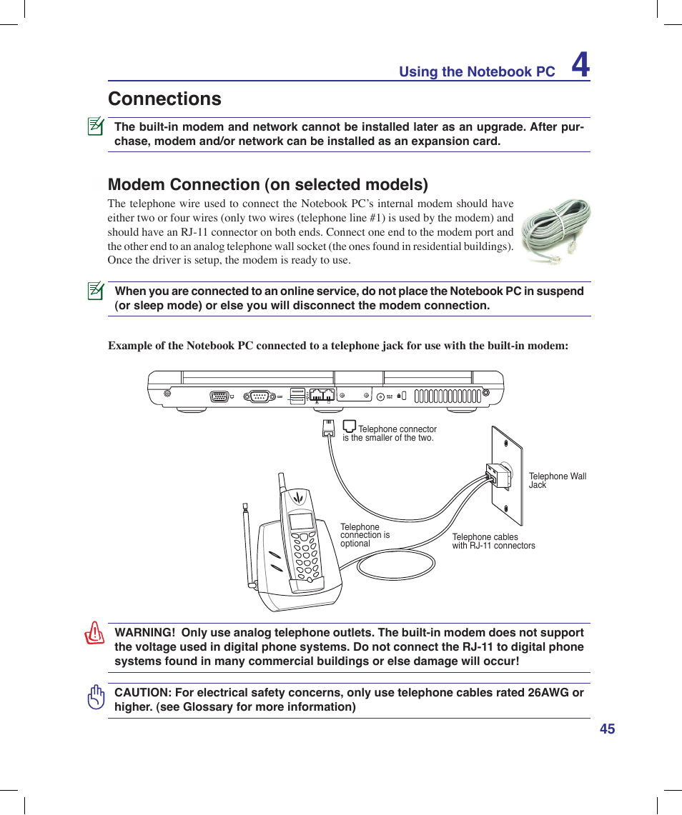 Connections, Modem connection (on selected models) | Asus X58LE User Manual | Page 45 / 83