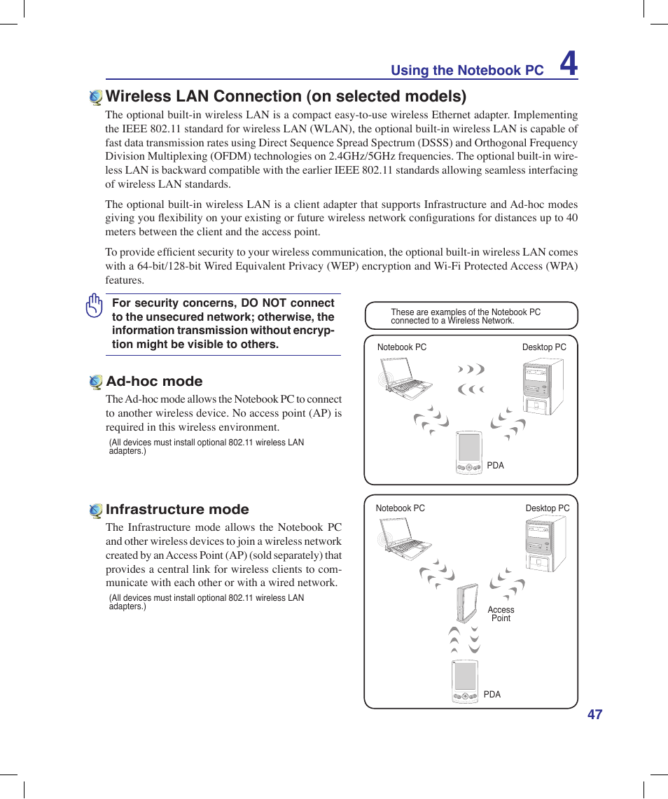 Wireless lan connection (on selected models) | Asus X58LE User Manual | Page 47 / 83