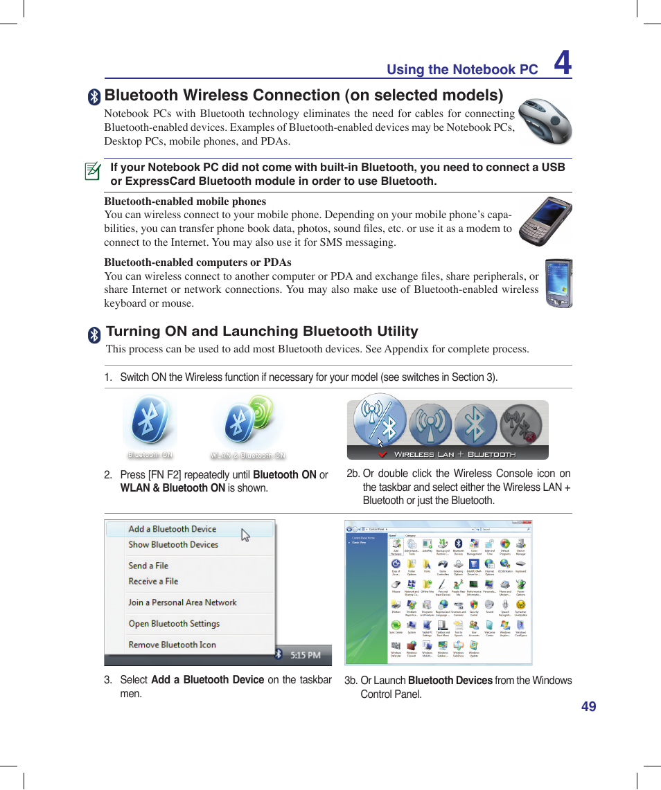 Bluetooth wireless connection (on selected models) | Asus X58LE User Manual | Page 49 / 83