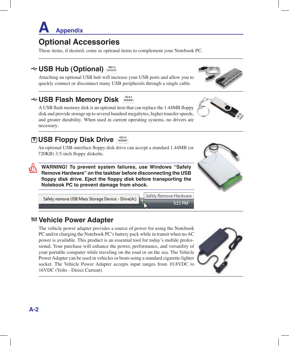 Optional accessories, Usb hub (optional), Vehicle power adapter | Usb floppy disk drive | Asus X58LE User Manual | Page 52 / 83