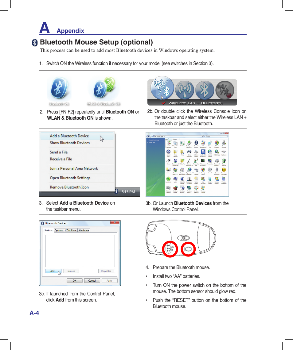 Bluetooth mouse setup (optional), Appendix a-4 | Asus X58LE User Manual | Page 54 / 83