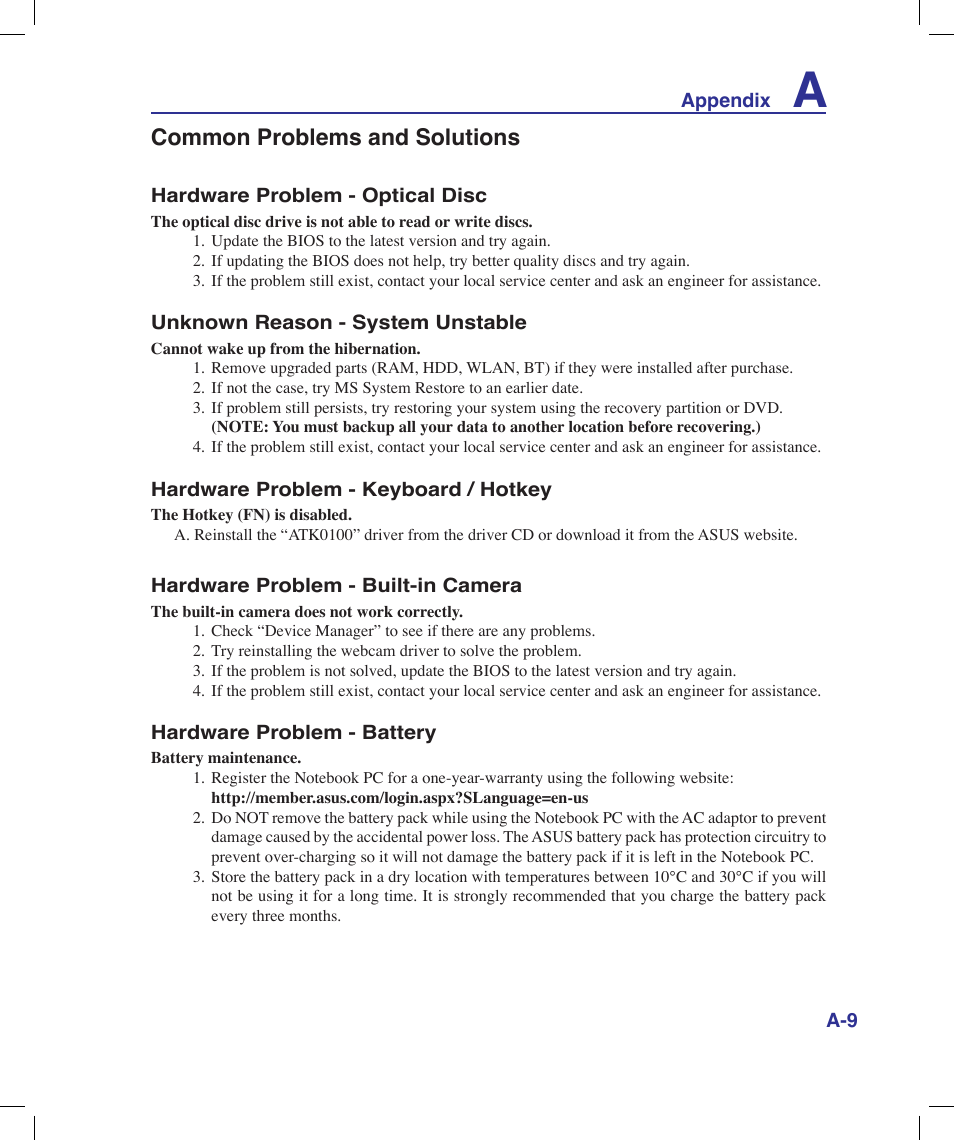 Common problems and solutions | Asus X58LE User Manual | Page 59 / 83