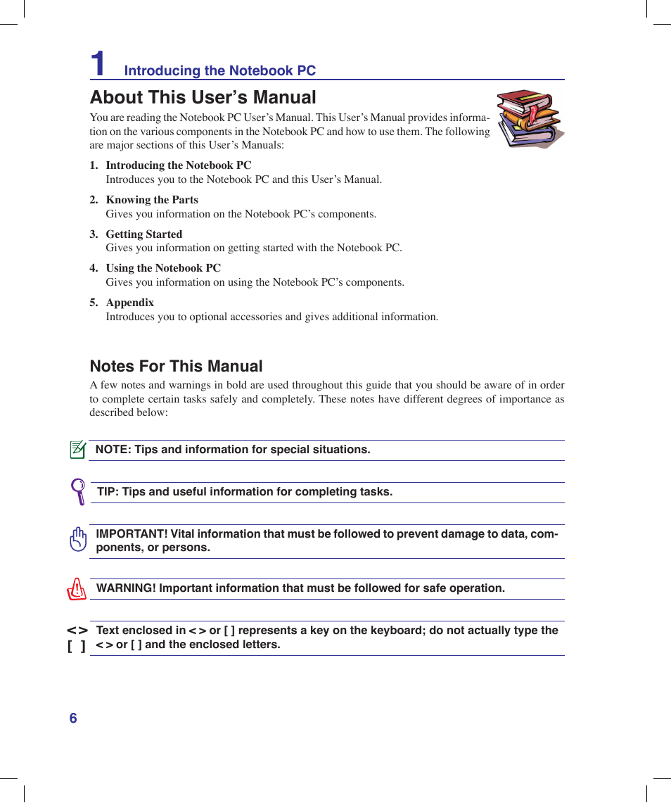 About this user’s manual, Notes for this manual | Asus X58LE User Manual | Page 6 / 83