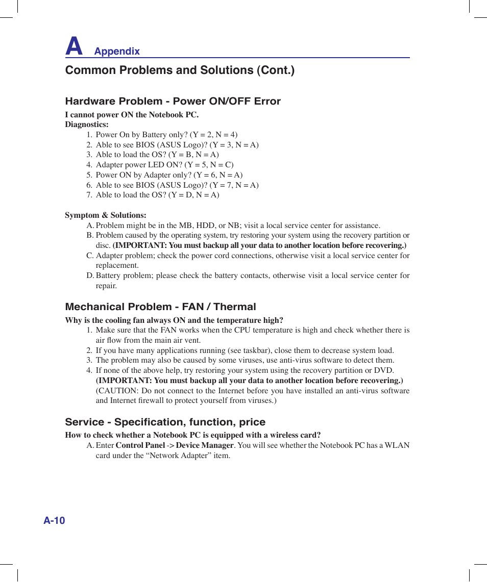 Common problems and solutions (cont.) | Asus X58LE User Manual | Page 60 / 83