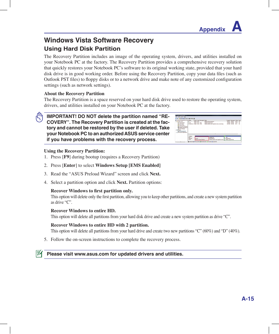 Windows vista software recovery | Asus X58LE User Manual | Page 65 / 83