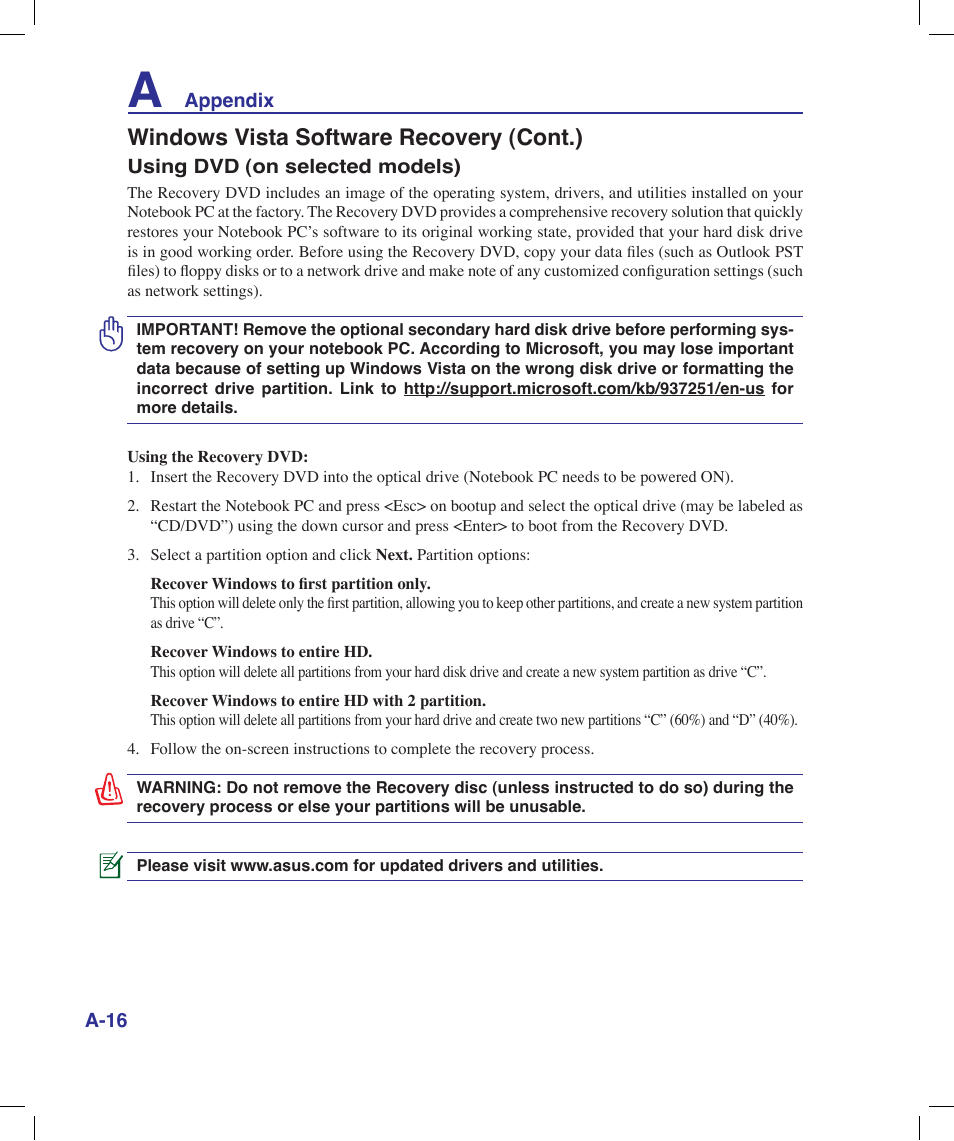 Windows vista software recovery (cont.) | Asus X58LE User Manual | Page 66 / 83