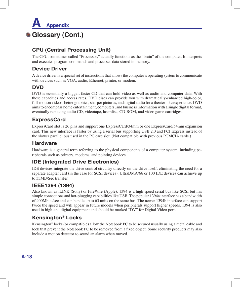 Glossary (cont.) | Asus X58LE User Manual | Page 68 / 83