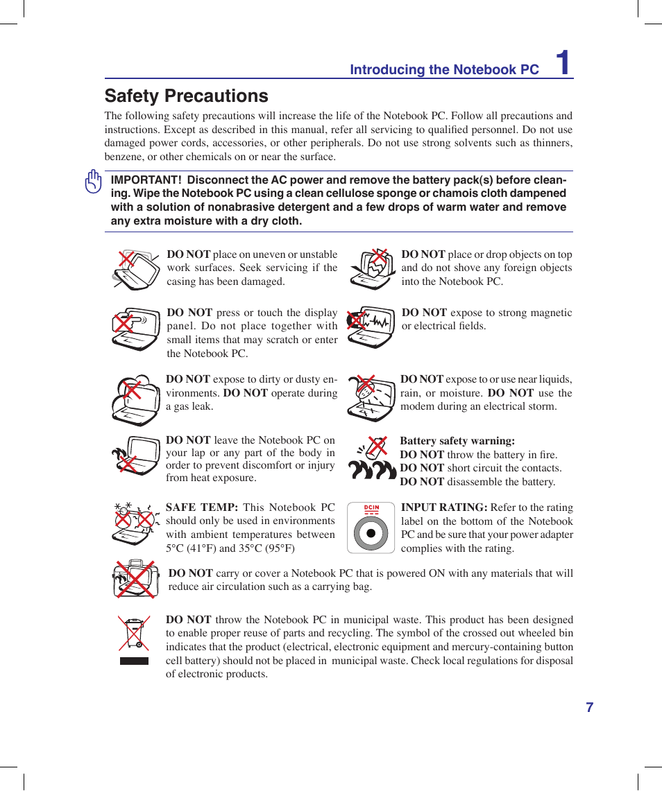 Safety precautions | Asus X58LE User Manual | Page 7 / 83