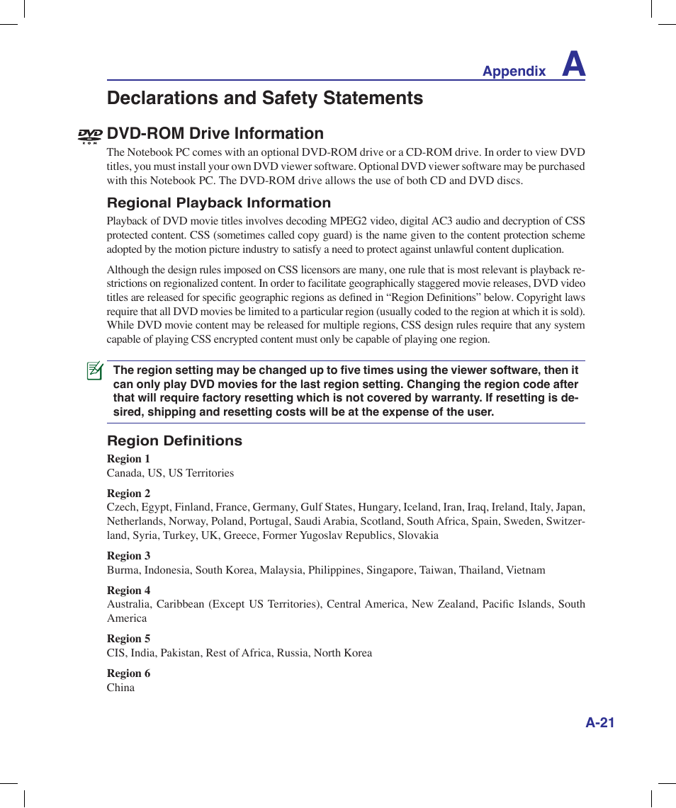 Declarations and safety statements, Dvd-rom drive information | Asus X58LE User Manual | Page 71 / 83