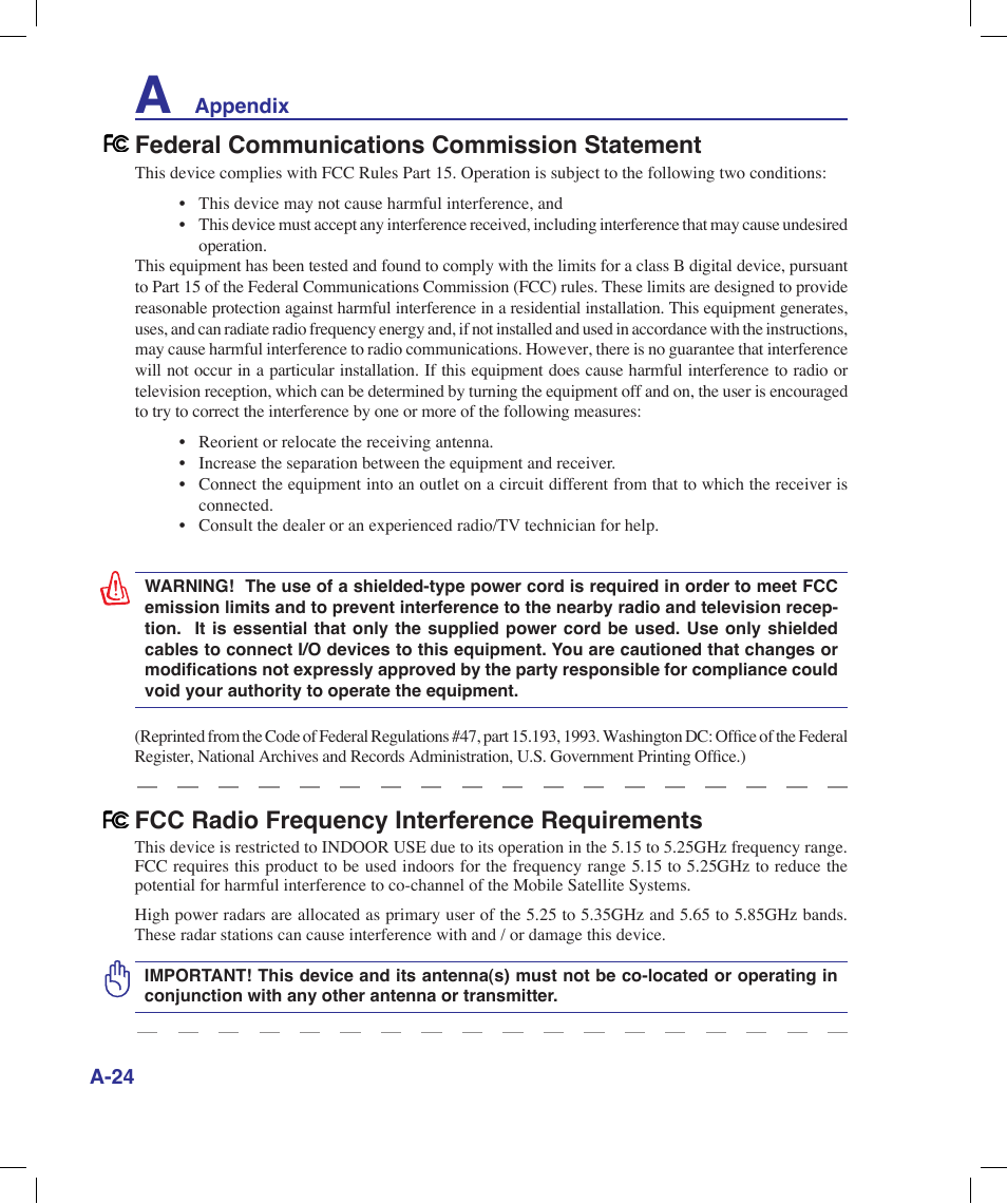 Federal communications commission statement, Fcc radio frequency interference requirements | Asus X58LE User Manual | Page 74 / 83