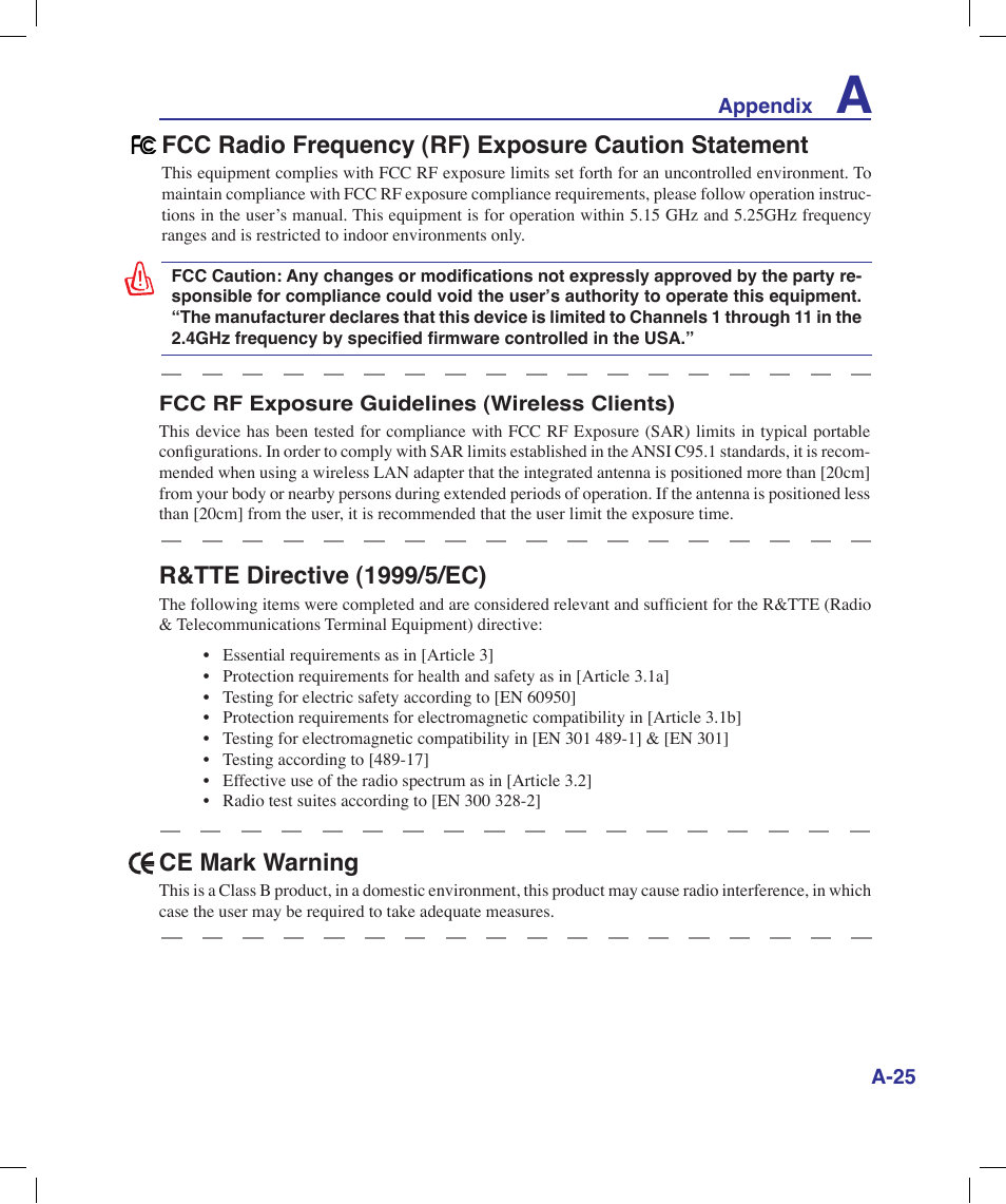 R&tte directive (1//ec), Ce mark warning | Asus X58LE User Manual | Page 75 / 83
