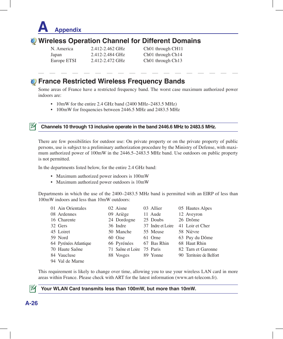 France restricted wireless frequency bands, Wireless operation channel for different domains | Asus X58LE User Manual | Page 76 / 83