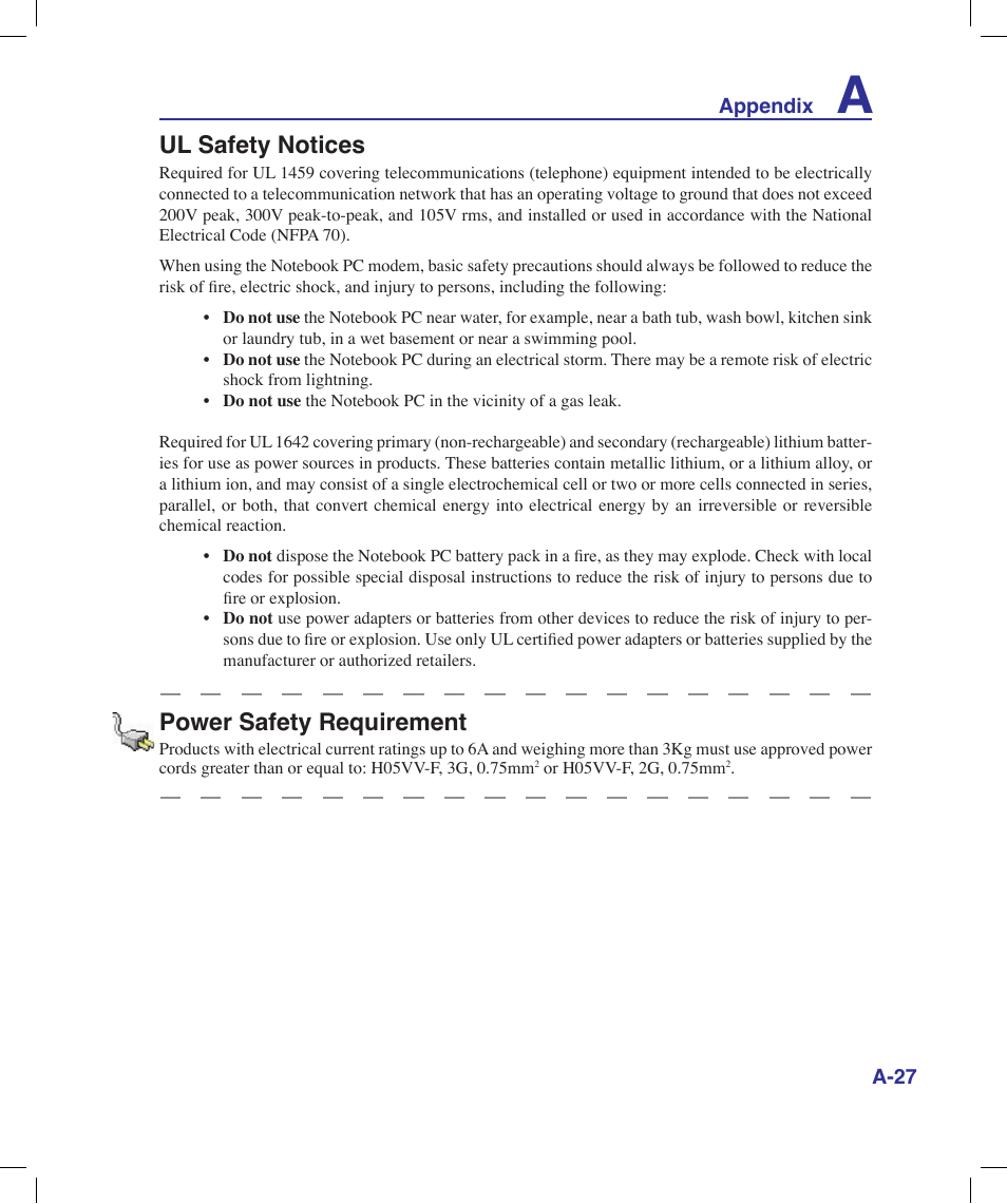 Ul safety notices, Power safety requirement | Asus X58LE User Manual | Page 77 / 83