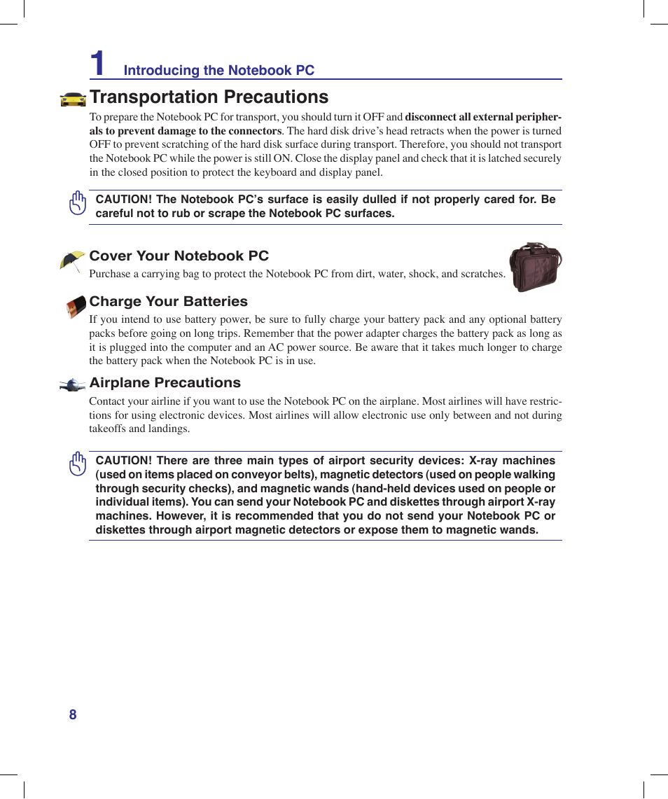 Transportation precautions | Asus X58LE User Manual | Page 8 / 83