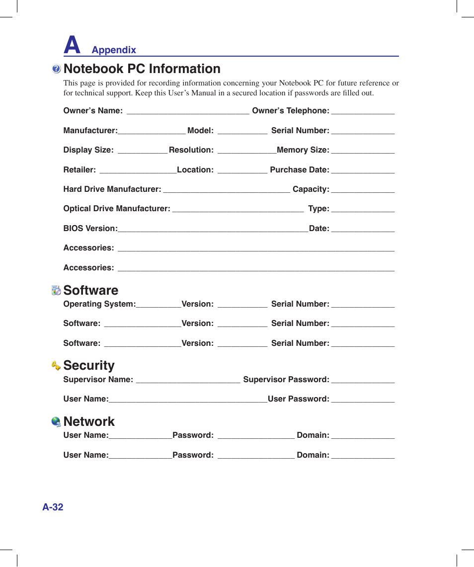 Notebook pc information, Software, Security | Network | Asus X58LE User Manual | Page 82 / 83