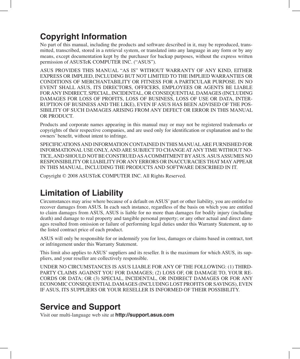 Copyright information, Limitation of liability, Service and support | Asus X58LE User Manual | Page 83 / 83