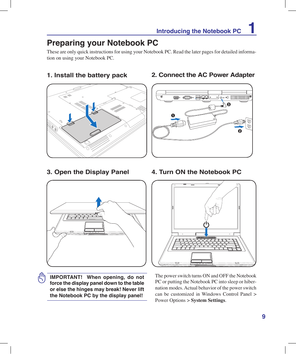 Preparing your notebook pc | Asus X58LE User Manual | Page 9 / 83