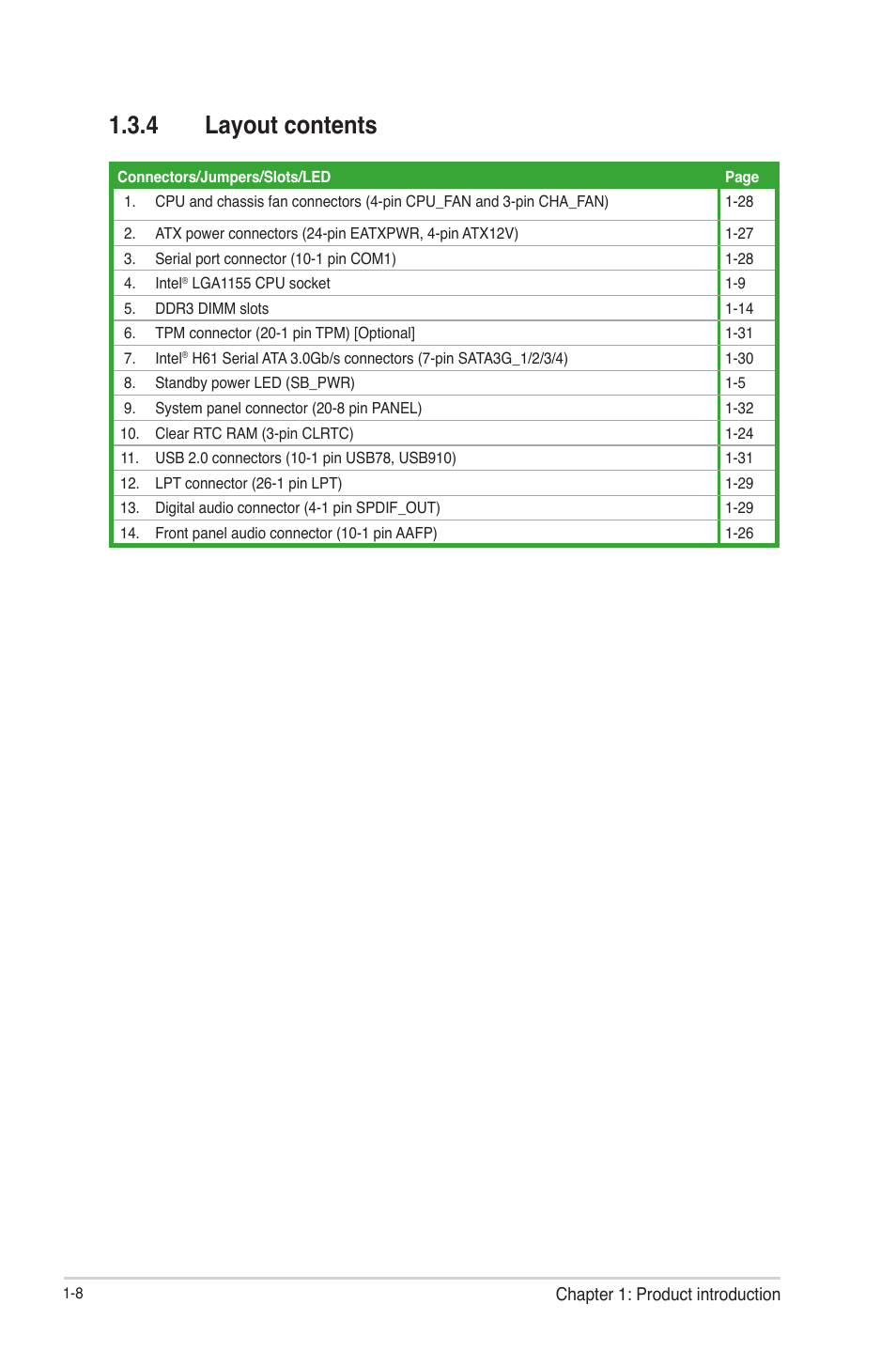 4 layout contents, Layout contents -8 | Asus P8H61-M LE R2.0 User Manual | Page 20 / 81