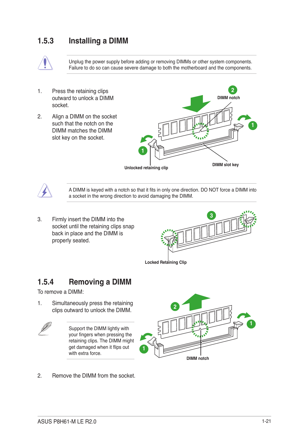 3 installing a dimm, 4 removing a dimm, Installing a dimm -21 | Removing a dimm -21 | Asus P8H61-M LE R2.0 User Manual | Page 33 / 81