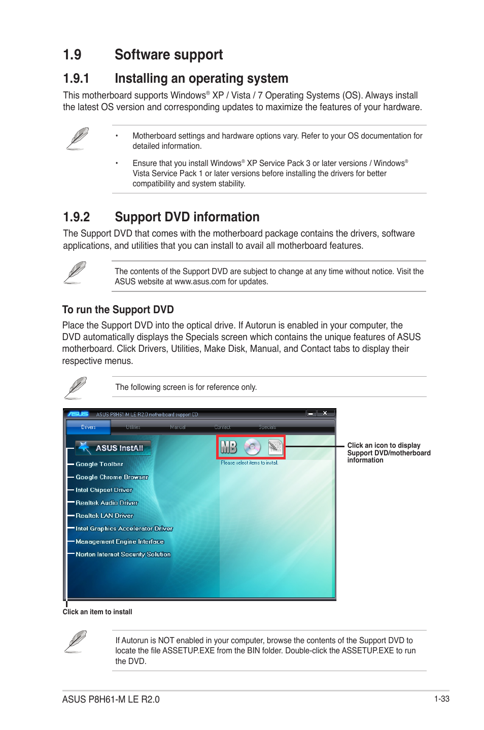 9 software support, 1 installing an operating system, 2 support dvd information | 9 software support -33, Installing an operating system -33, Support dvd information -33 | Asus P8H61-M LE R2.0 User Manual | Page 45 / 81