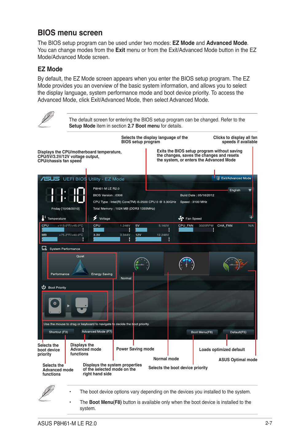 Bios menu screen, Ez mode | Asus P8H61-M LE R2.0 User Manual | Page 53 / 81