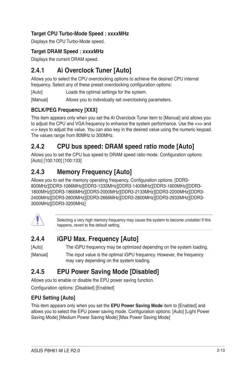 1 ai overclock tuner [auto, 2 cpu bus speed: dram speed ratio mode [auto, 3 memory frequency [auto | 4 igpu max. frequency [auto, 5 epu power saving mode [disabled, Ai overclock tuner [auto] -13, Cpu bus speed: dram speed ratio mode [auto] -13, Memory frequency [auto] -13, Igpu max. frequency [auto] -13, Epu power saving mode [disabled] -13 | Asus P8H61-M LE R2.0 User Manual | Page 59 / 81