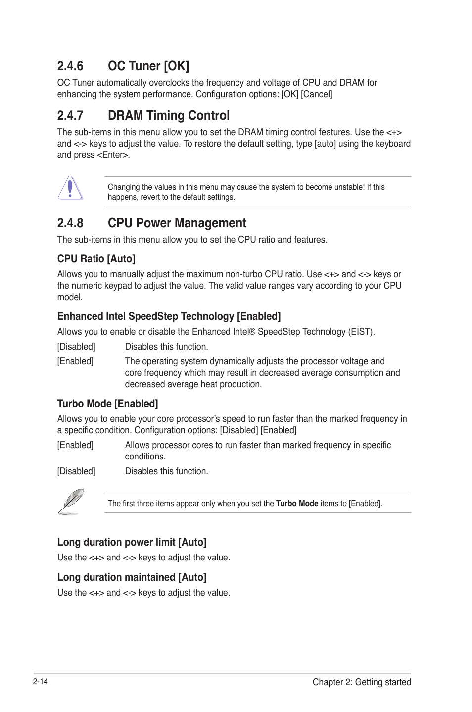 6 oc tuner [ok, 7 dram timing control, 8 cpu power management | Oc tuner [ok] -14, Dram timing control -14, Cpu power management -14 | Asus P8H61-M LE R2.0 User Manual | Page 60 / 81