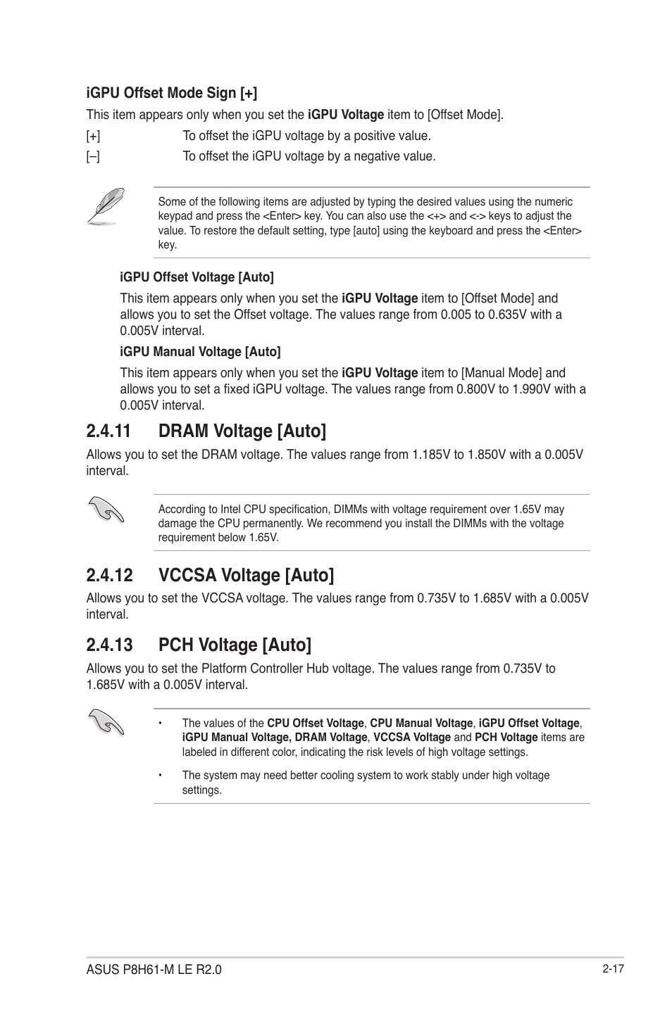 11 dram voltage [auto, 12 vccsa voltage [auto, 13 pch voltage [auto | Asus P8H61-M LE R2.0 User Manual | Page 63 / 81