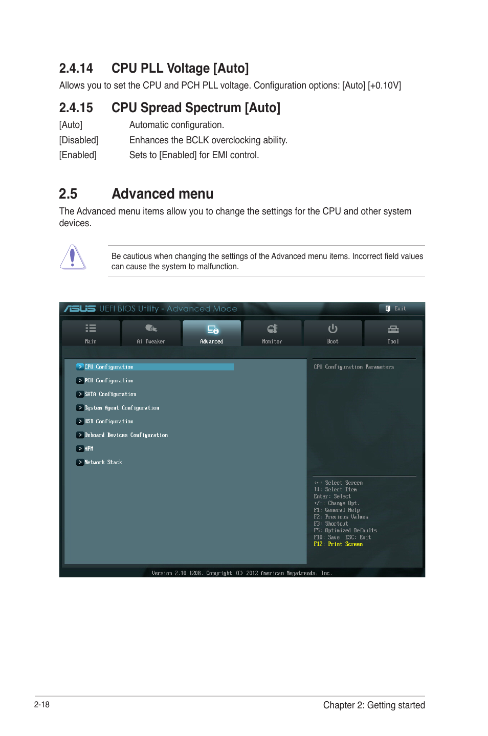 14 cpu pll voltage [auto, 15 cpu spread spectrum [auto, 5 advanced menu | 5 advanced menu -18 | Asus P8H61-M LE R2.0 User Manual | Page 64 / 81