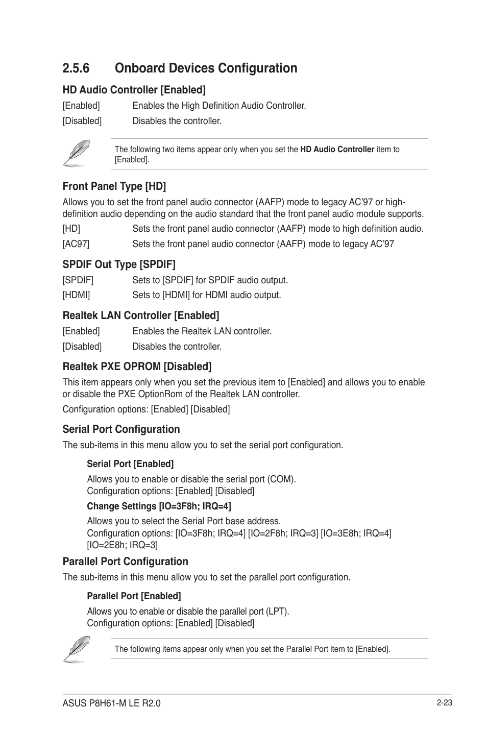 6 onboard devices configuration, Onboard devices configuration -23 | Asus P8H61-M LE R2.0 User Manual | Page 69 / 81