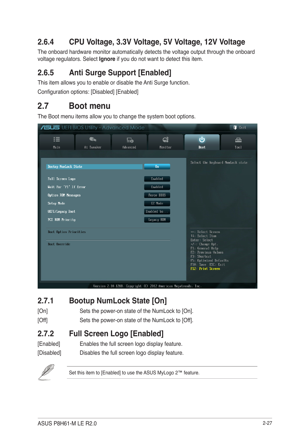 5 anti surge support [enabled, 7 boot menu, 1 bootup numlock state [on | 2 full screen logo [enabled, Anti surge support [enabled] -27, 7 boot menu -27, Bootup numlock state [on] -27, Full screen logo [enabled] -27 | Asus P8H61-M LE R2.0 User Manual | Page 73 / 81