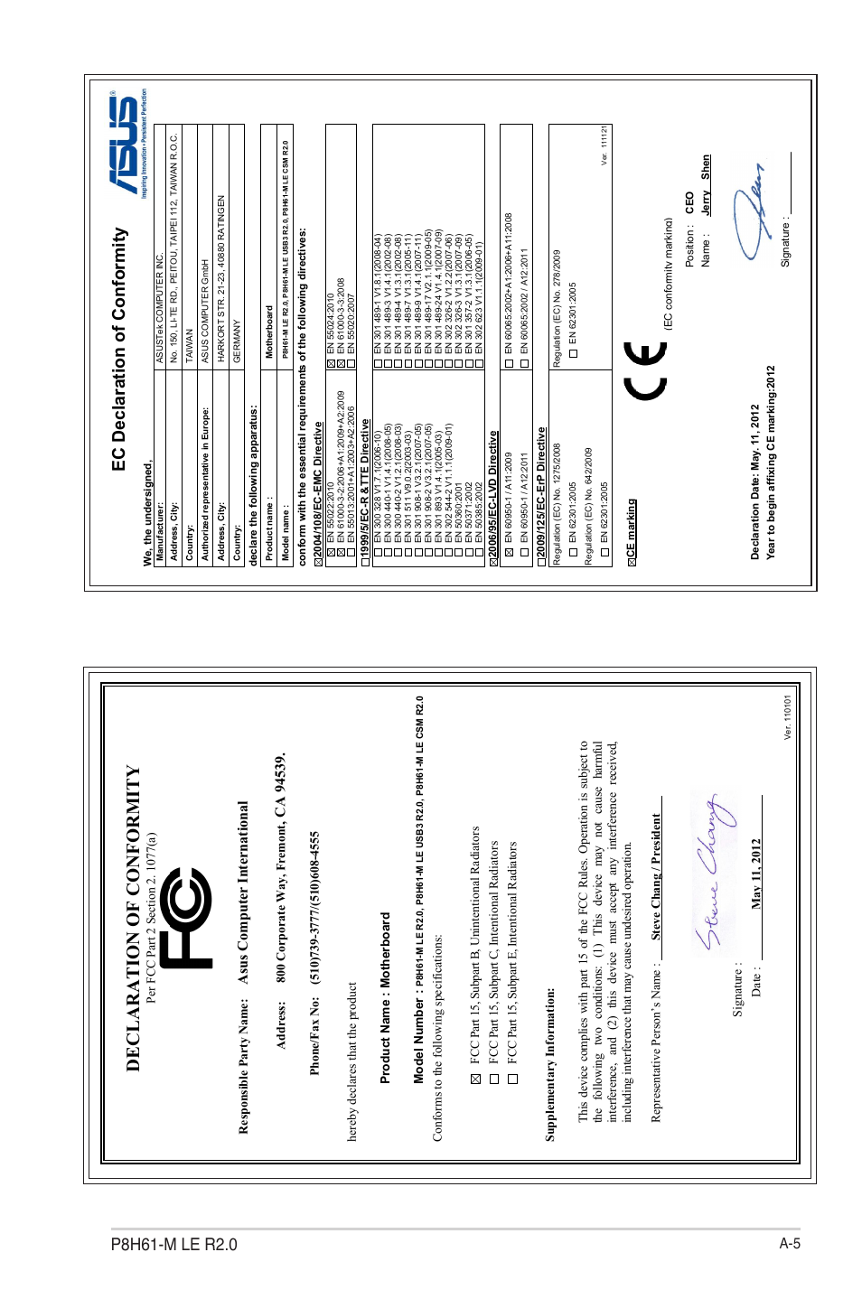 Declaration of conformity, Ec declaration of conformity, Asu s c om pu te r in te rn at io na l | Asus P8H61-M LE R2.0 User Manual | Page 81 / 81