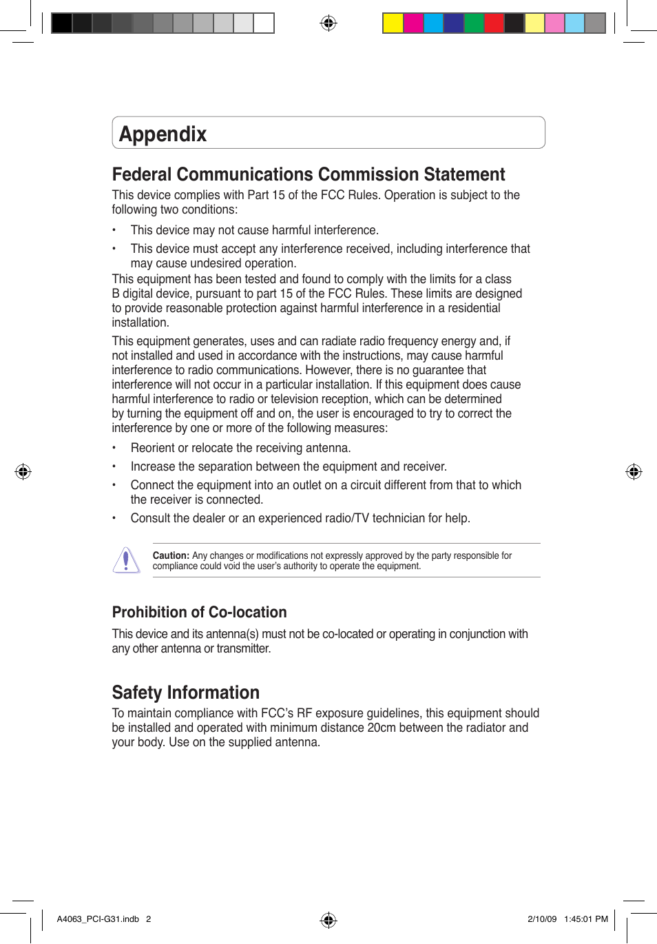 Appendix, Federalcommunicationscommissionstatement, Safetyinformation | Prohibitionofco-location | Asus PCI-G31 User Manual | Page 2 / 32