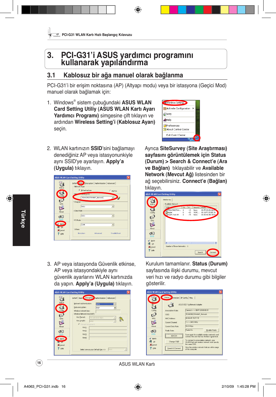 1 kablosuz bir ağa manuel olarak bağlanma | Asus PCI-G31 User Manual | Page 20 / 32