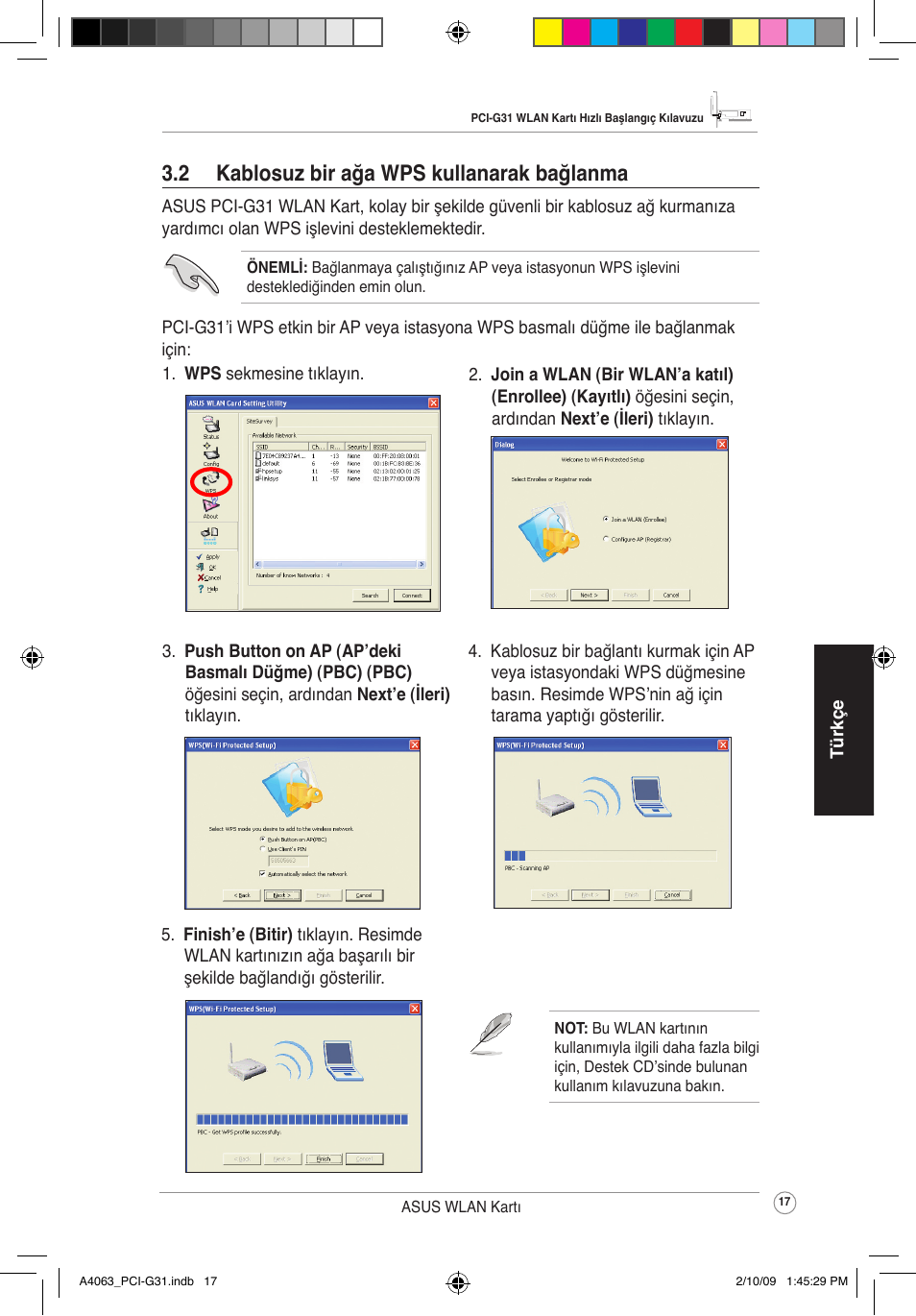 2 kablosuz bir ağa wps kullanarak bağlanma | Asus PCI-G31 User Manual | Page 21 / 32