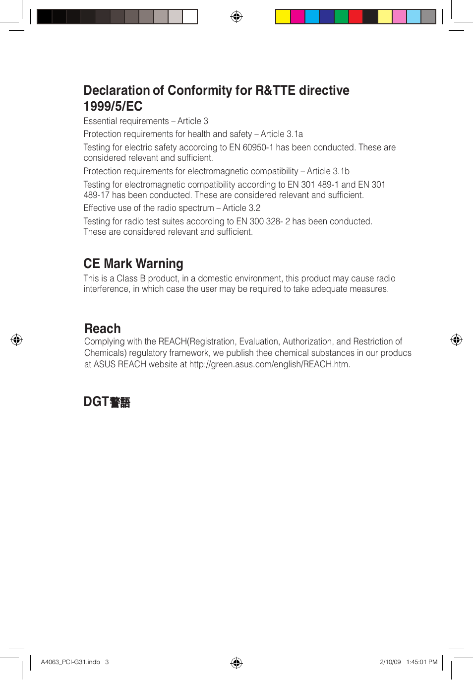 Ce mark warning, Reach | Asus PCI-G31 User Manual | Page 3 / 32