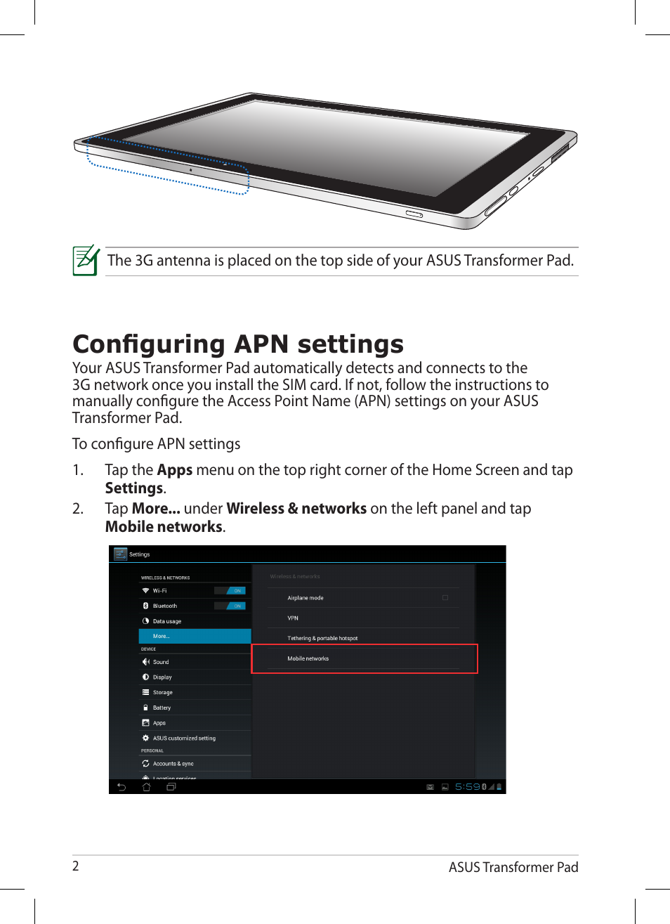 Configuring apn settings | Asus Transformer Pad TF300TG User Manual | Page 2 / 8