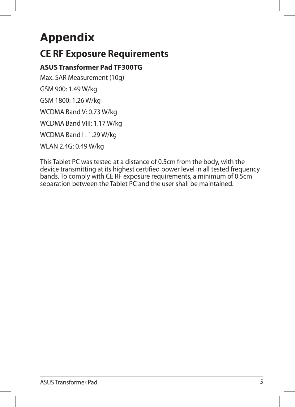 Appendix, Ce rf exposure requirements | Asus Transformer Pad TF300TG User Manual | Page 5 / 8