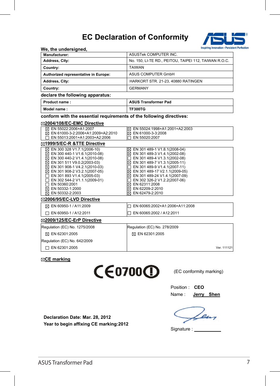 Ec declaration of conformity, Asus transformer pad | Asus Transformer Pad TF300TG User Manual | Page 7 / 8