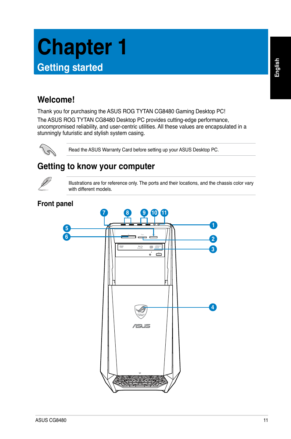 Chapter 1, Getting started, Welcome | Getting to know your computer, Welcome! getting to know your computer | Asus CG8480 User Manual | Page 11 / 98