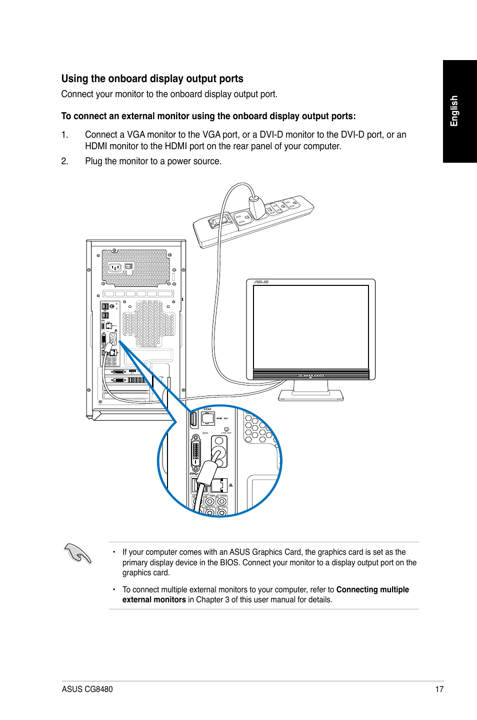 Using the onboard display output ports, English | Asus CG8480 User Manual | Page 17 / 98