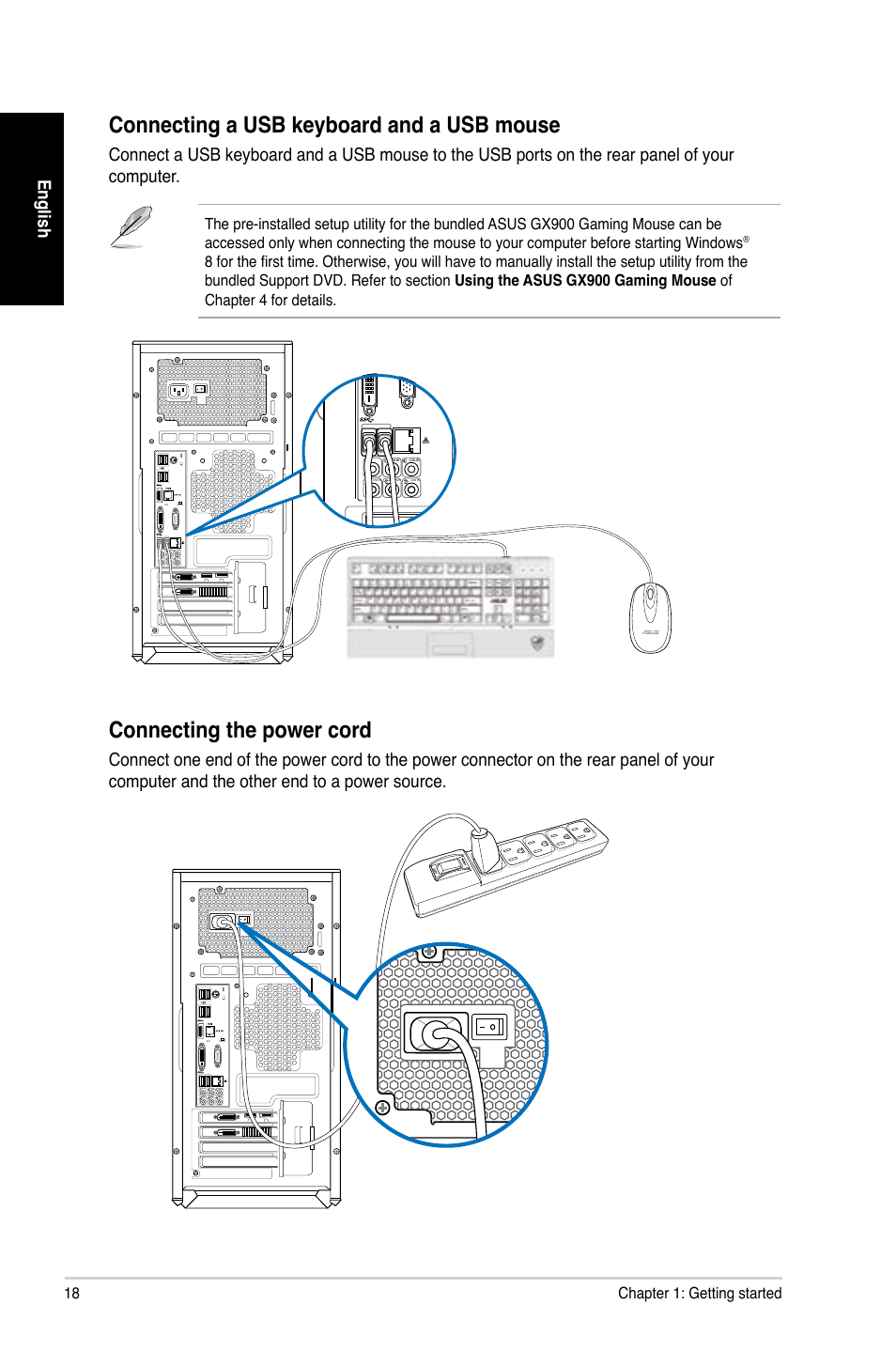 Connecting a usb keyboard and a usb mouse, Connecting the power cord, English | Asus CG8480 User Manual | Page 18 / 98