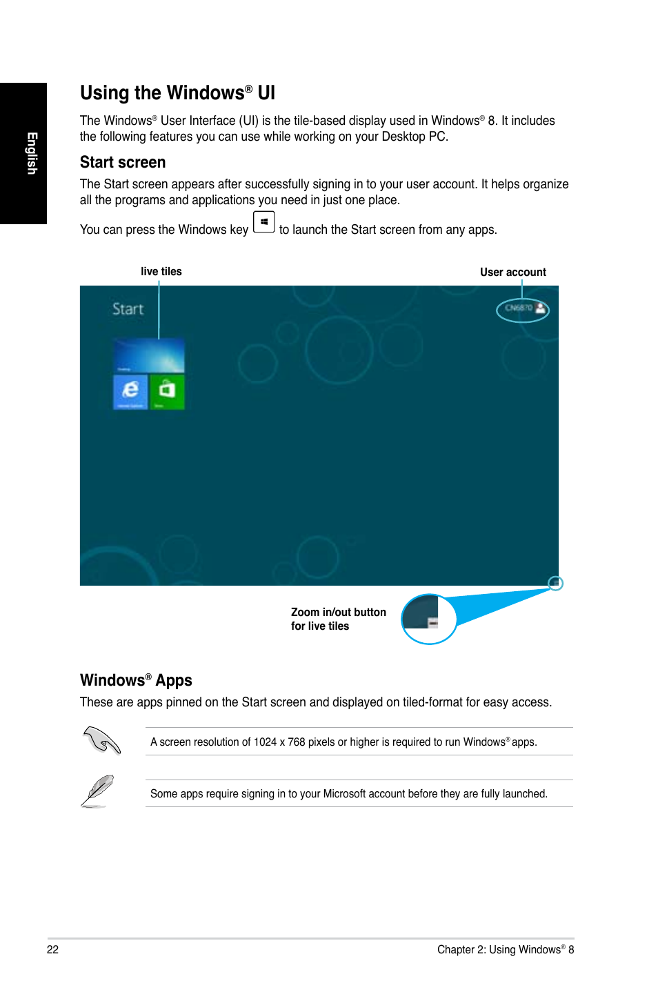 Using the windows® ui, Using the windows, Start screen | Windows, Apps | Asus CG8480 User Manual | Page 22 / 98