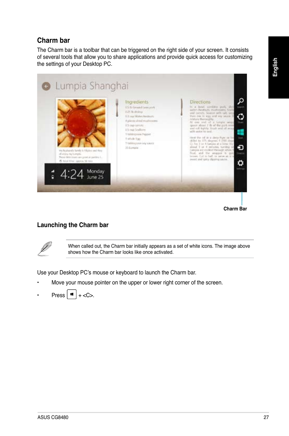 Charm bar | Asus CG8480 User Manual | Page 27 / 98