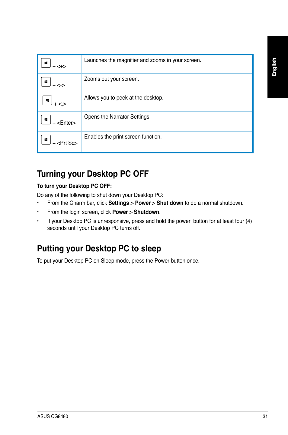 Turning your desktop pc off, Putting your desktop pc to sleep | Asus CG8480 User Manual | Page 31 / 98